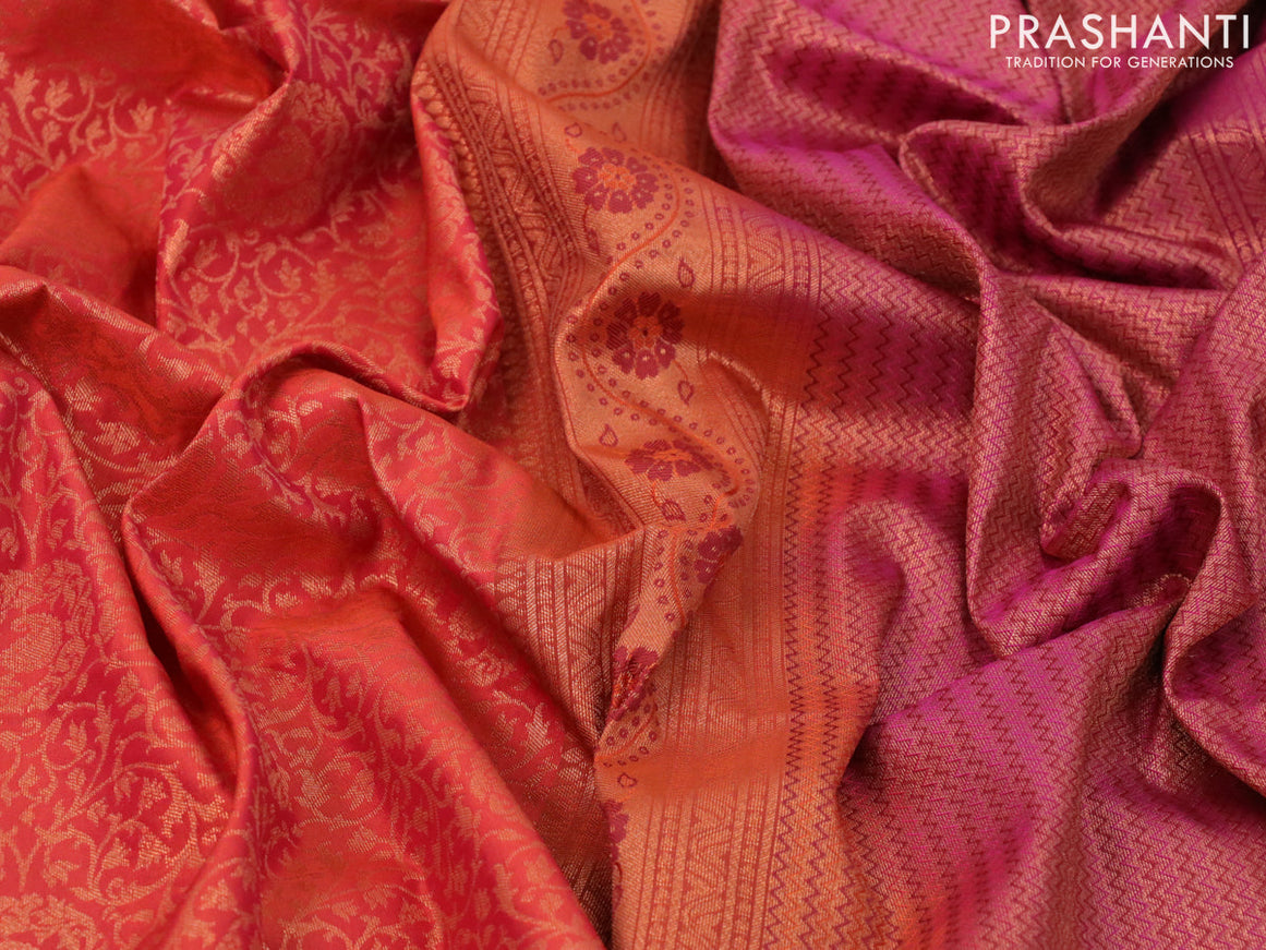 Semi soft silk saree rust shade and pink with allover zari weaves and zari woven border