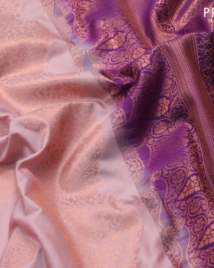 Semi soft silk saree pastel pink and deep purple with copper zari woven buttas and copper zari woven border