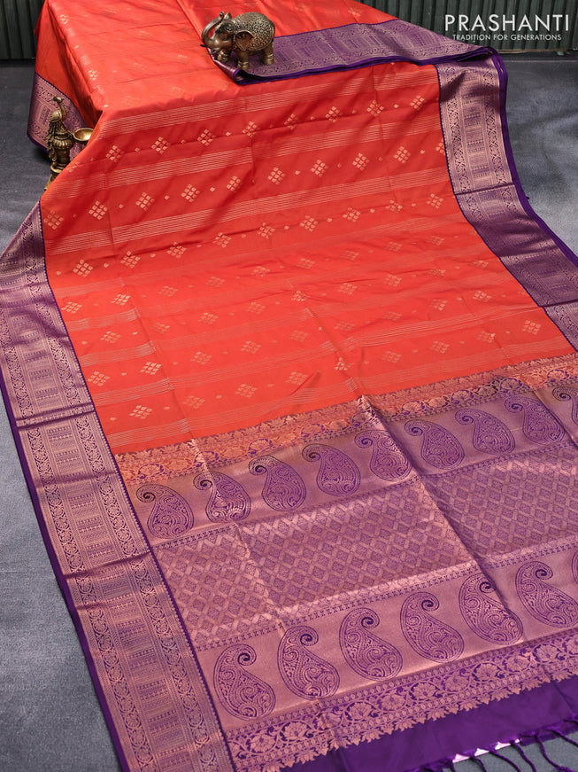 Semi soft silk saree orange and purple with allover copper zari stripes & buttas and copper zari woven border