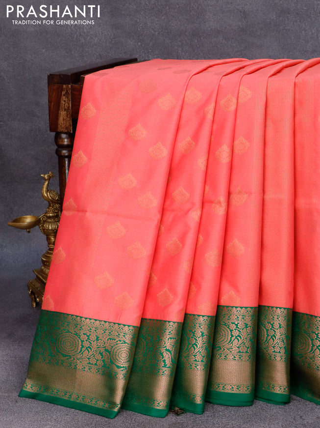 Semi soft silk saree peach pink and green with allover copper zari stripes & buttas and copper zari woven border