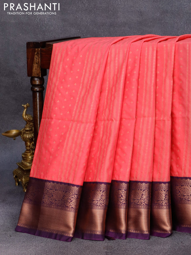 Semi soft silk saree light pink and deep violet with allover zari woven butta weaves and zari woven border