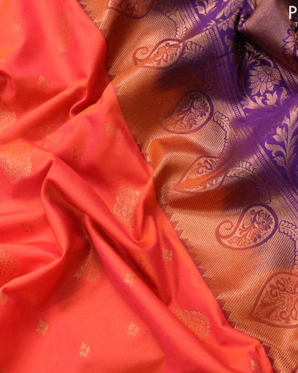 Semi soft silk saree orange and deep violet with allover zari woven butta weaves and copper zari woven border