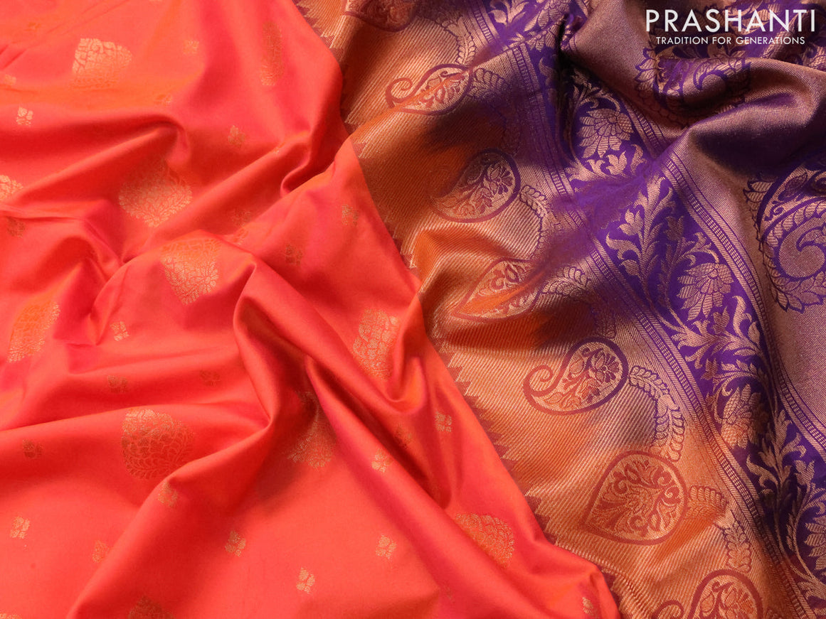 Semi soft silk saree orange and deep violet with allover zari woven butta weaves and copper zari woven border