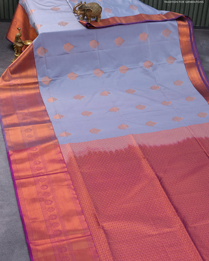 Semi soft silk saree grey and purple with copper zari woven buttas and long copper zari woven border
