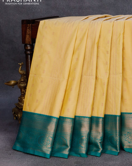 Semi soft silk saree pale yellow and teal green with allover zari weaves & buttas and rich zari woven border