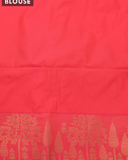 Semi soft silk saree dual shade of bluish green and dual shade of pinkish orange with allover copper zari woven geometric brocade weaves and zari woven border
