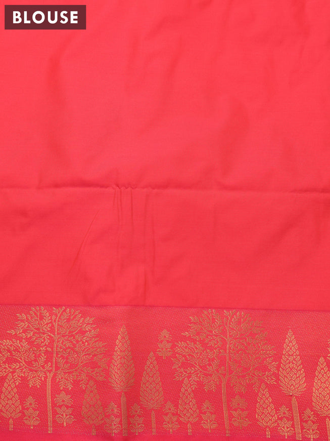 Semi soft silk saree dual shade of bluish green and dual shade of pinkish orange with allover copper zari woven geometric brocade weaves and zari woven border