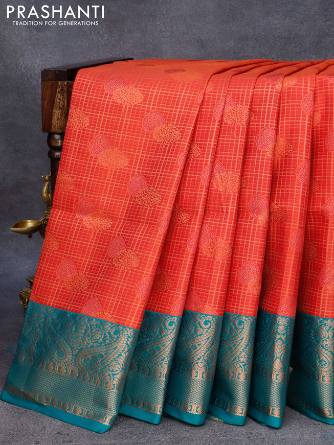Semi soft silk saree dual shade of red shade and teal green with allover small zari checks & buttas and copper zari woven border