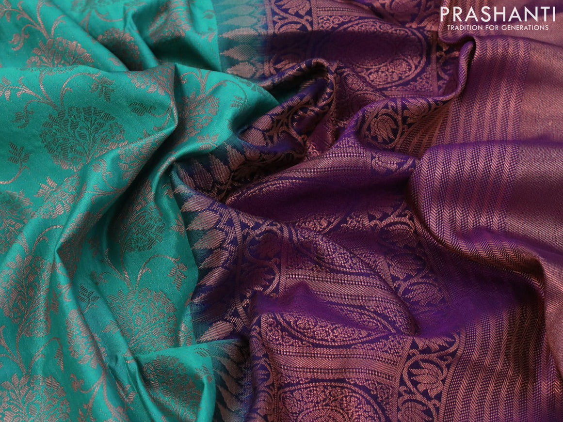 Semi soft silk saree teal blue and deep violet with allover copper zari woven brocade weaves and copper zari woven border