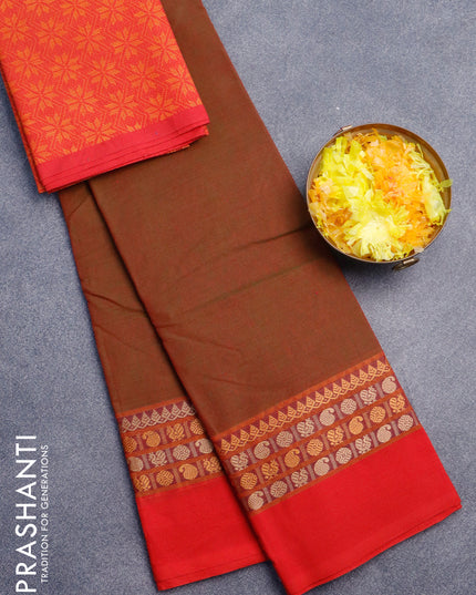 Chettinad cotton saree dual shade of greenish maroon and red with thread woven buttas and thread woven simple border & woven blouse