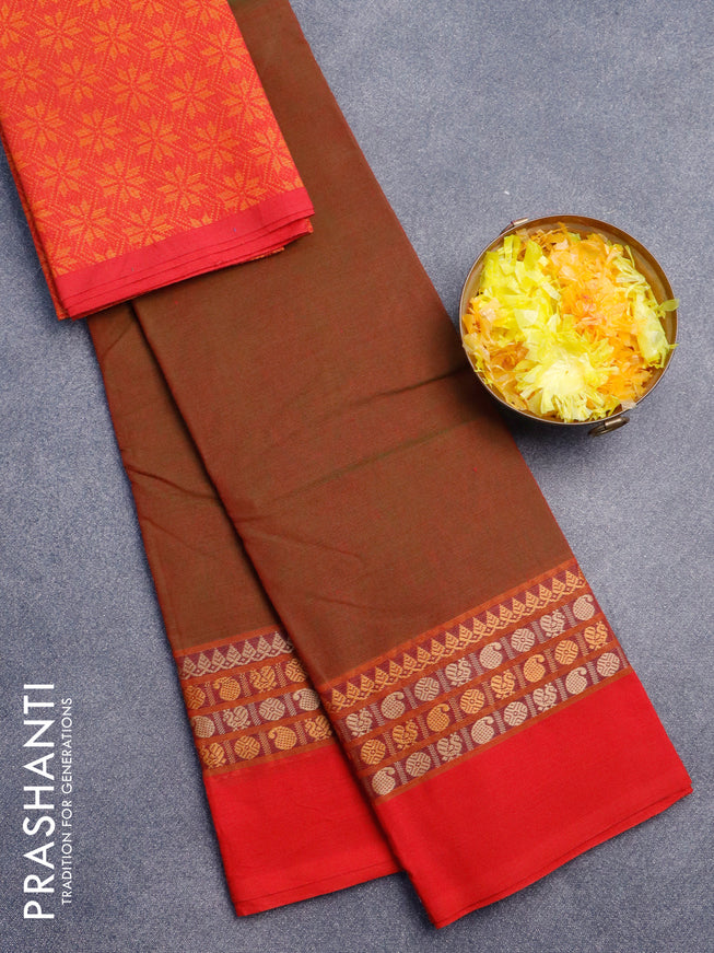 Chettinad cotton saree dual shade of greenish maroon and red with thread woven buttas and thread woven simple border & woven blouse