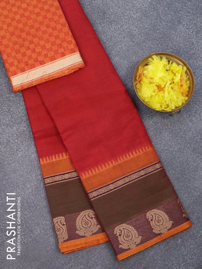 Chettinad cotton saree red and mustard shade with plain body and long thread woven border & woven blouse