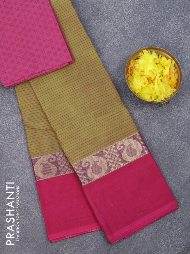Chettinad cotton saree sap green and magenta pink with allover stripes pattern and thread woven simple border & woven blouse