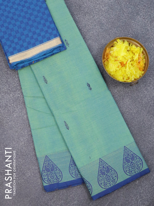 Chettinad cotton saree dual shade of teal green and blue with thread woven buttas and thread woven border & woven blouse