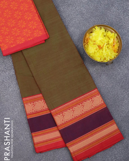 Chettinad cotton saree manthulir green and red with plain body and thread woven border & woven blouse