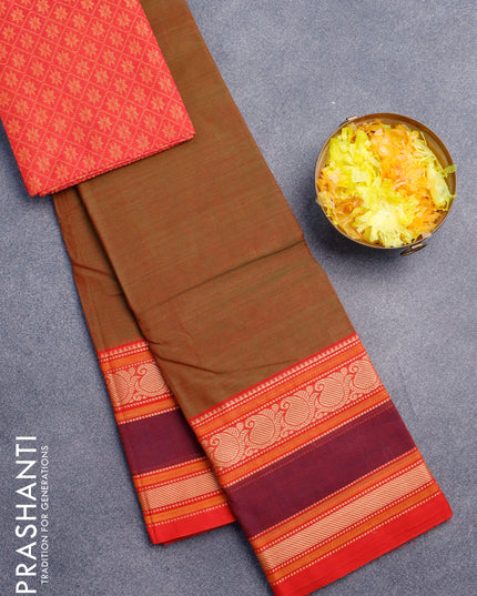 Chettinad cotton saree manthulir green and red with plain body and thread woven border & woven blouse