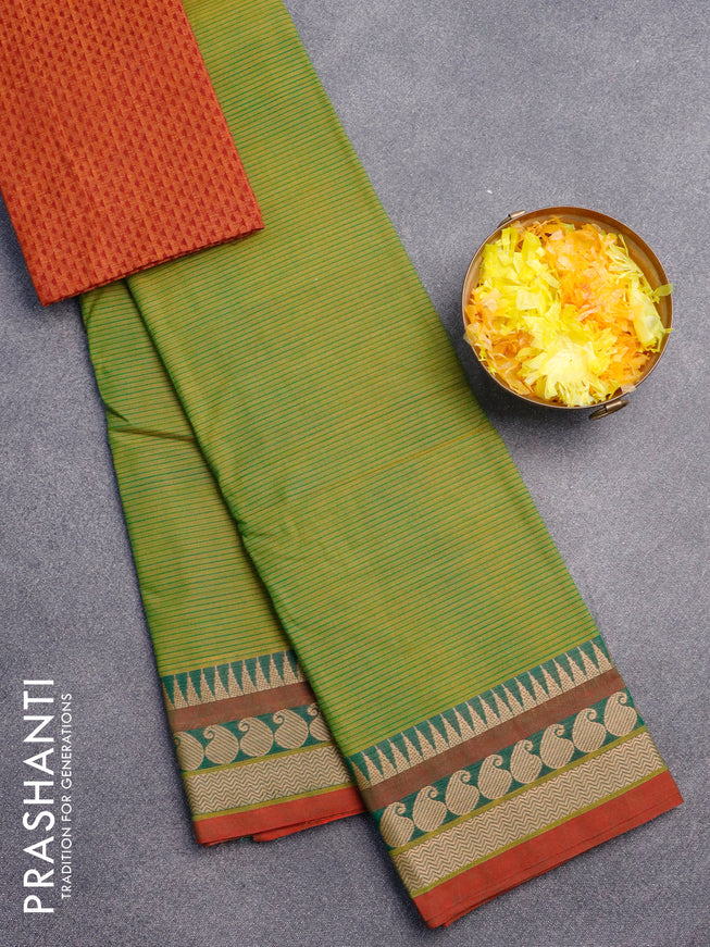 Chettinad cotton saree mustard green and maroon with allover stripes pattern and thread woven border & woven blouse