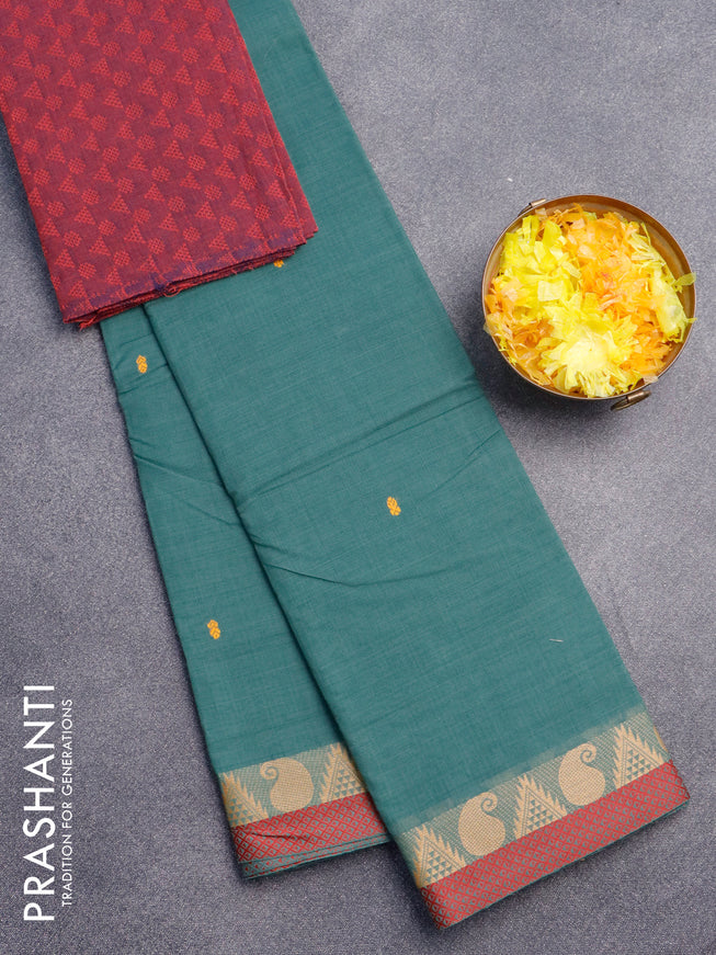 Chettinad cotton saree pastel green with thread woven buttas and thread woven border & woven blouse