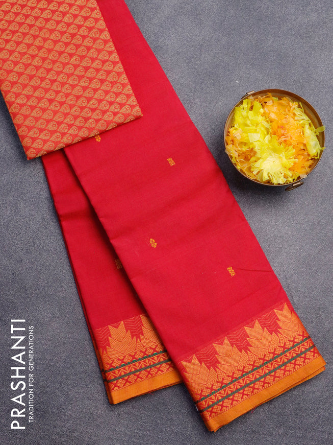 Chettinad cotton saree pink and mustard yellow with thread woven buttas and thread woven border & woven blouse
