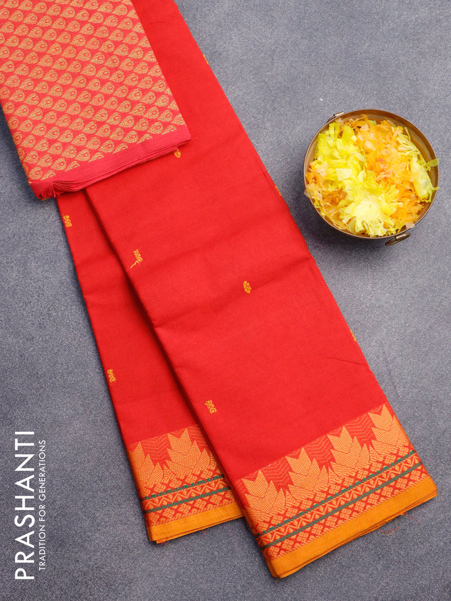 Chettinad cotton saree red and mustard yellow with thread woven buttas and thread woven border & woven blouse