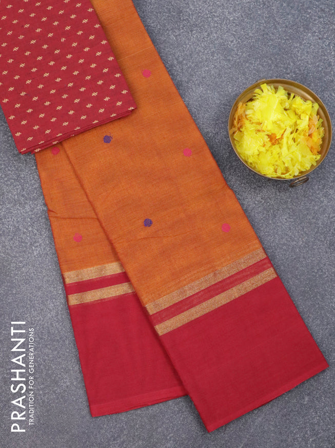 Chettinad cotton saree dual shade of mustard and maroon with thread woven buttas and zari woven simple border & printed blouse