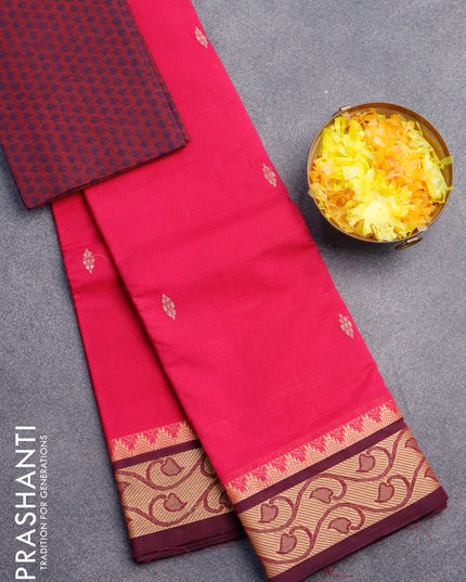 Chettinad cotton saree pink and wine with thread woven buttas and thread woven border & woven blouse