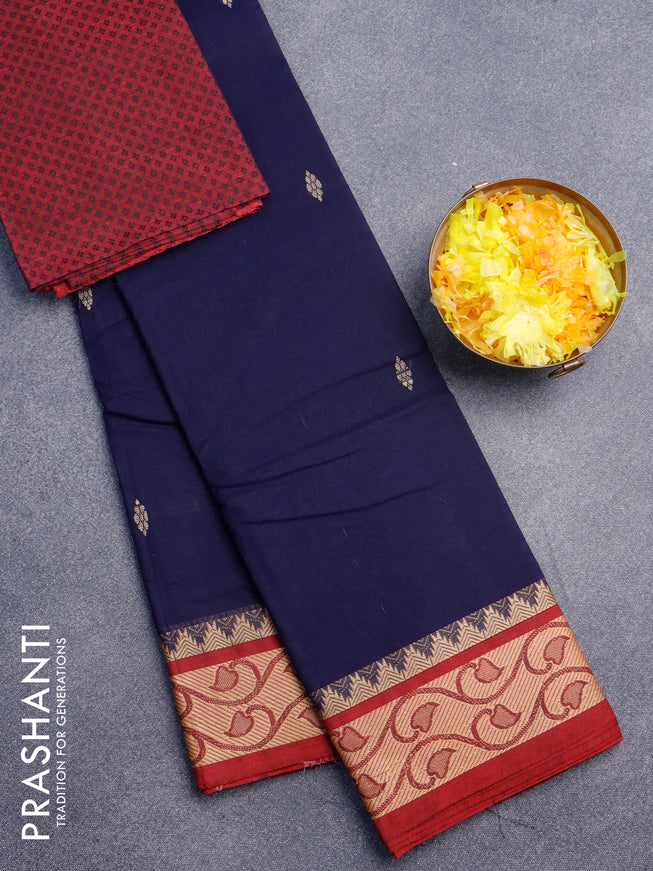 Chettinad cotton saree navy blue and maroon with thread woven buttas and thread woven border & woven blouse
