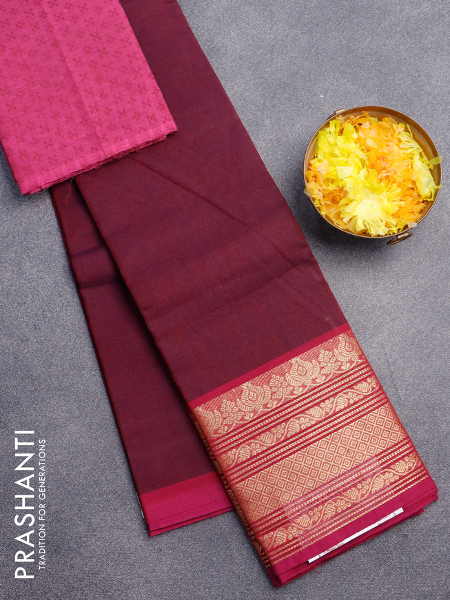 Chettinad cotton saree maroon and magente pink with plain body and zari woven border & woven blouse