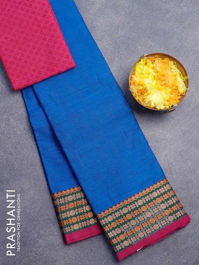 Chettinad cotton saree peacock blue and magente pink with plain body and thread woven border & woven blouse