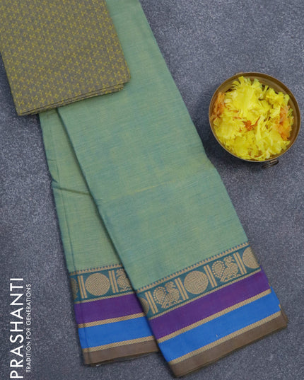 Chettinad cotton saree dual shade of green shade with plain body and thread woven simple border & woven blouse