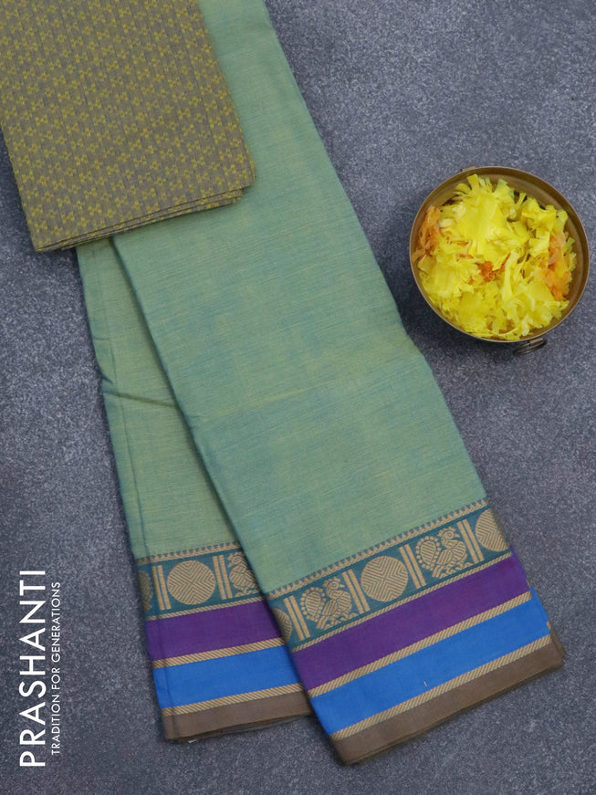 Chettinad cotton saree dual shade of green shade with plain body and thread woven simple border & woven blouse