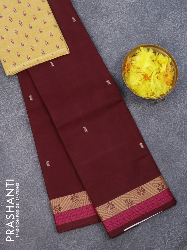 Chettinad cotton saree deep maroon with thread woven buttas and thread woven border & printed border