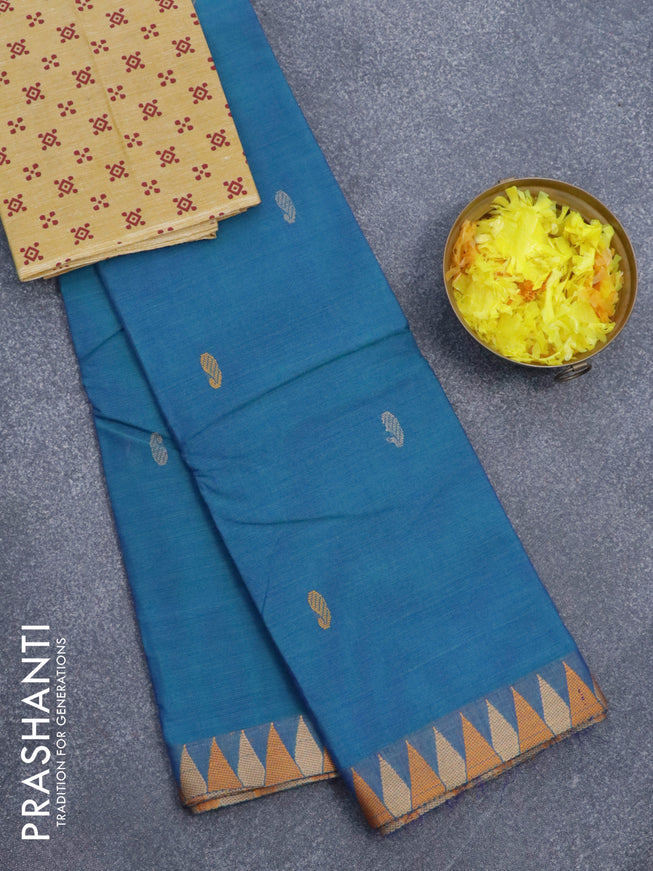 Chettinad cotton saree cs blue with thread woven paisley buttas and thread woven border & printed border
