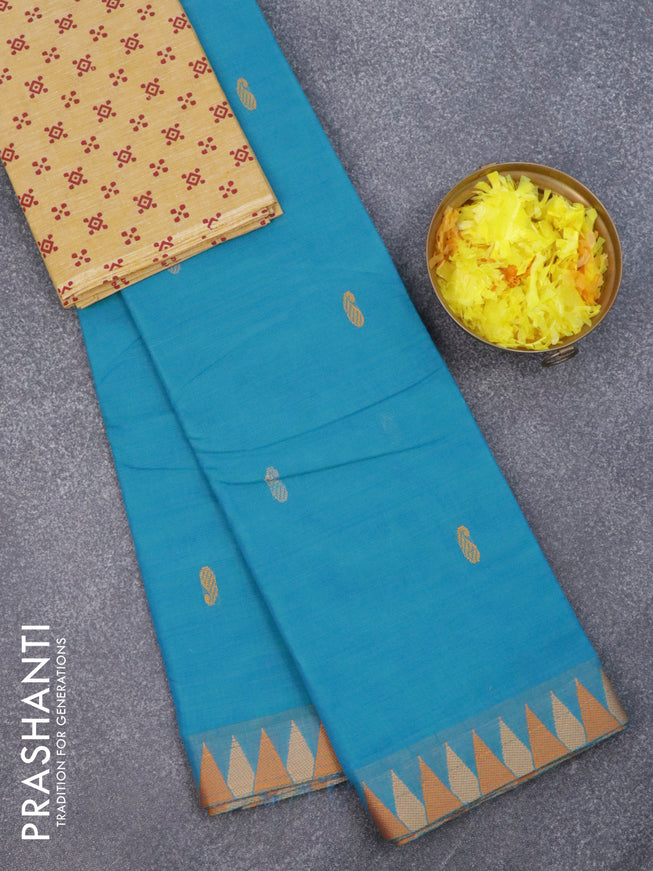 Chettinad cotton saree cs blue with thread woven paisley buttas and thread woven border & printed border