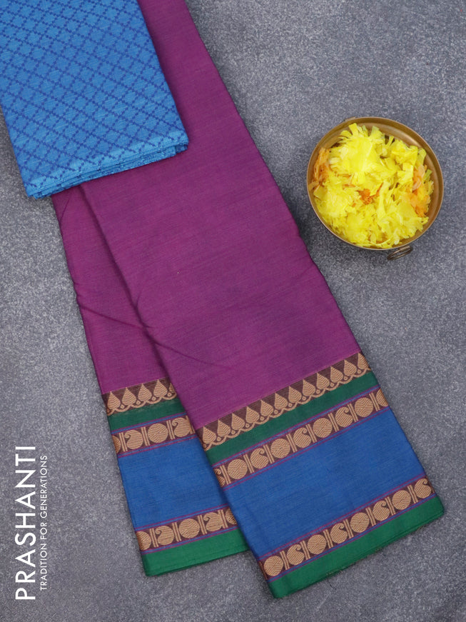 Chettinad cotton saree purple and green with plain body and thread woven rettapet border & woven blouse