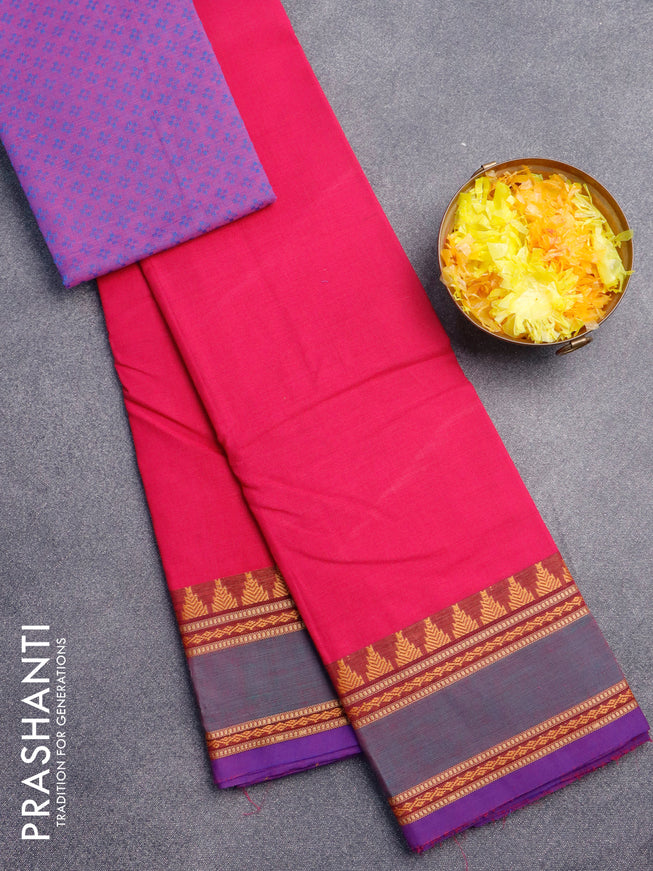 Chettinad cotton saree pink and purple with thread woven buttas and rettapet thread woven border & woven blouse