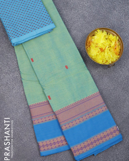 Chettinad cotton saree dual shade of teal green and cs blue with thread woven buttas and rettapet thread woven border & woven blouse