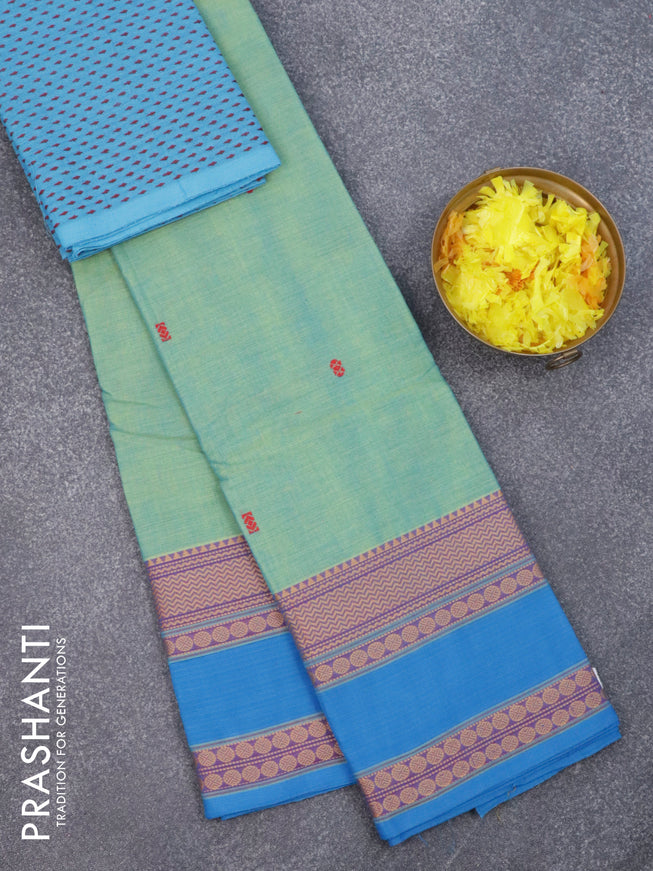 Chettinad cotton saree dual shade of teal green and cs blue with thread woven buttas and rettapet thread woven border & woven blouse