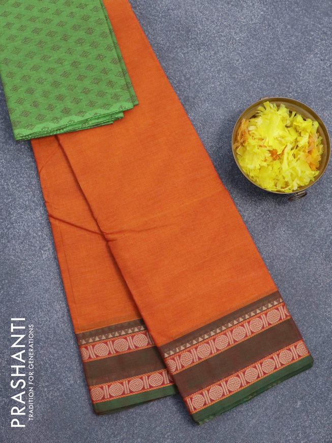 Chettinad cotton saree sunset orange and dual shade of green with plain body and rettapet thread woven border & woven blouse