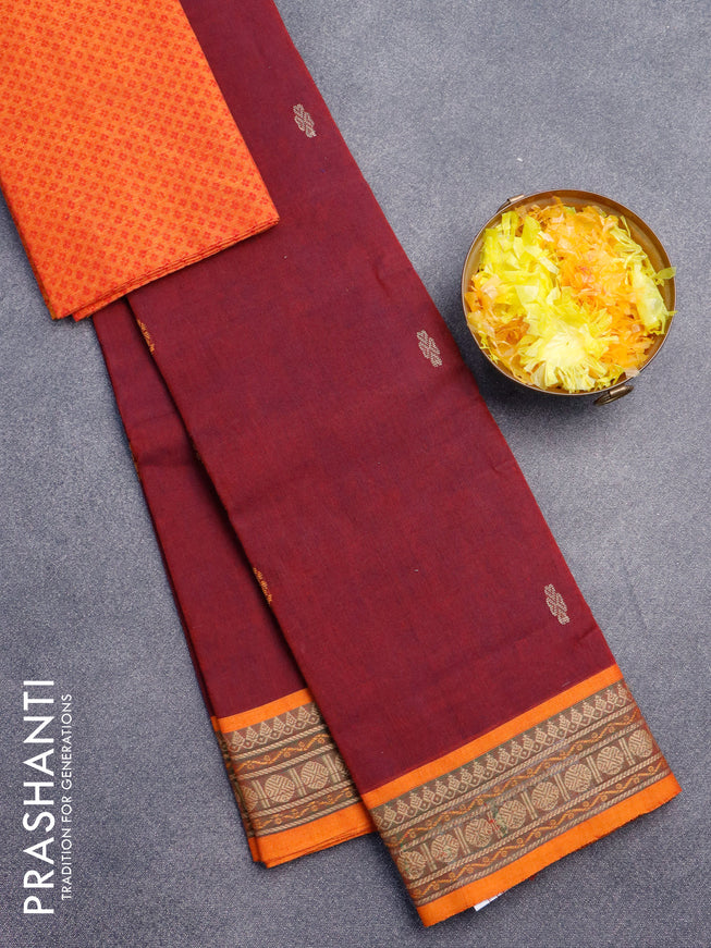 Chettinad cotton saree maroon and sunset orange with thread woven buttas and rudhraksha zari woven border & woven blouse