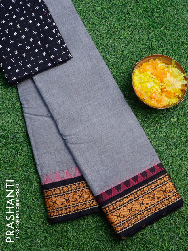 Chettinad cotton saree grey and black with plain body and thread woven border & printed blouse