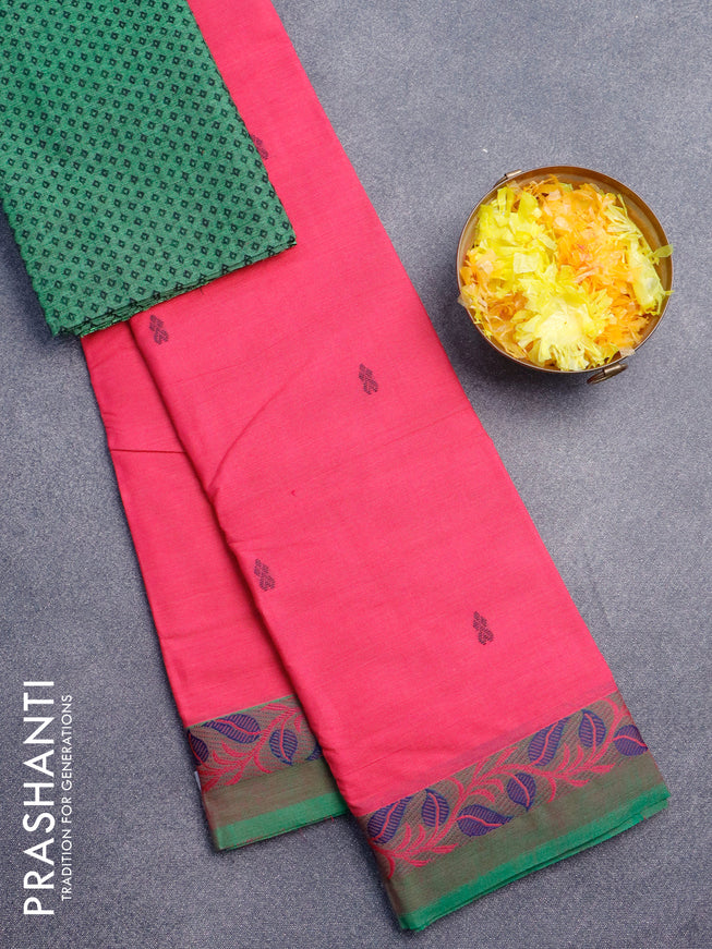 Chettinad cotton saree pink and green with thread woven buttas and thread woven border & woven blouse
