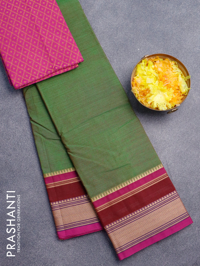 Chettinad cotton saree green and magenta pink with plain body and thread woven border & woven blouse