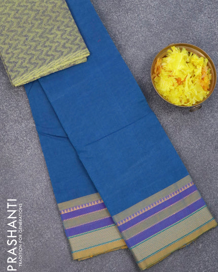 Chettinad cotton saree peacock blue and yellow shade with plain body and thread woven border & woven blouse