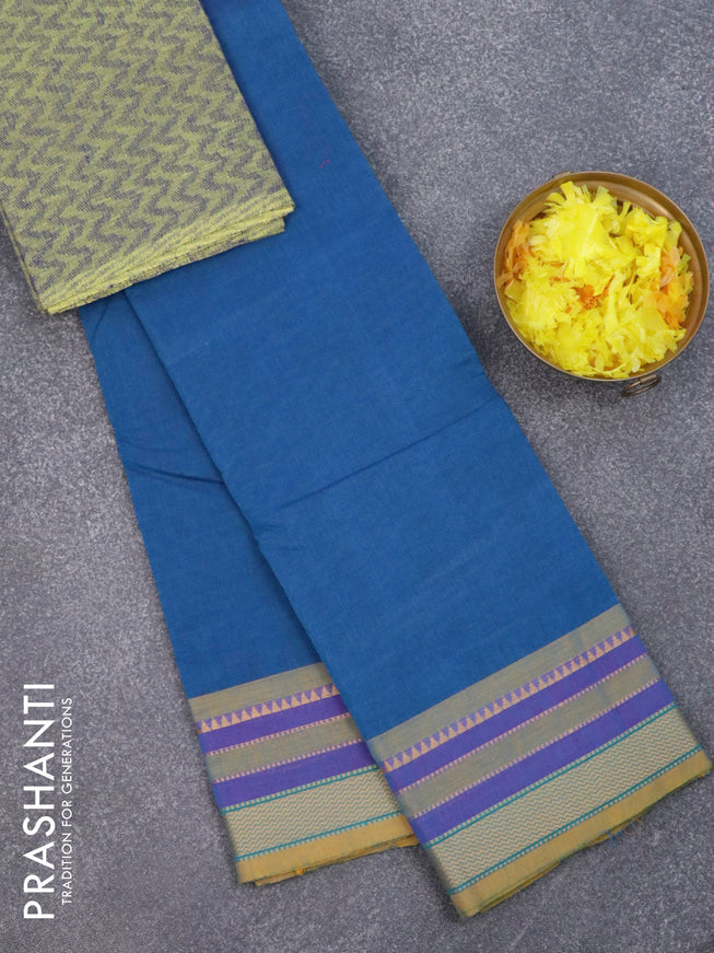 Chettinad cotton saree peacock blue and yellow shade with plain body and thread woven border & woven blouse