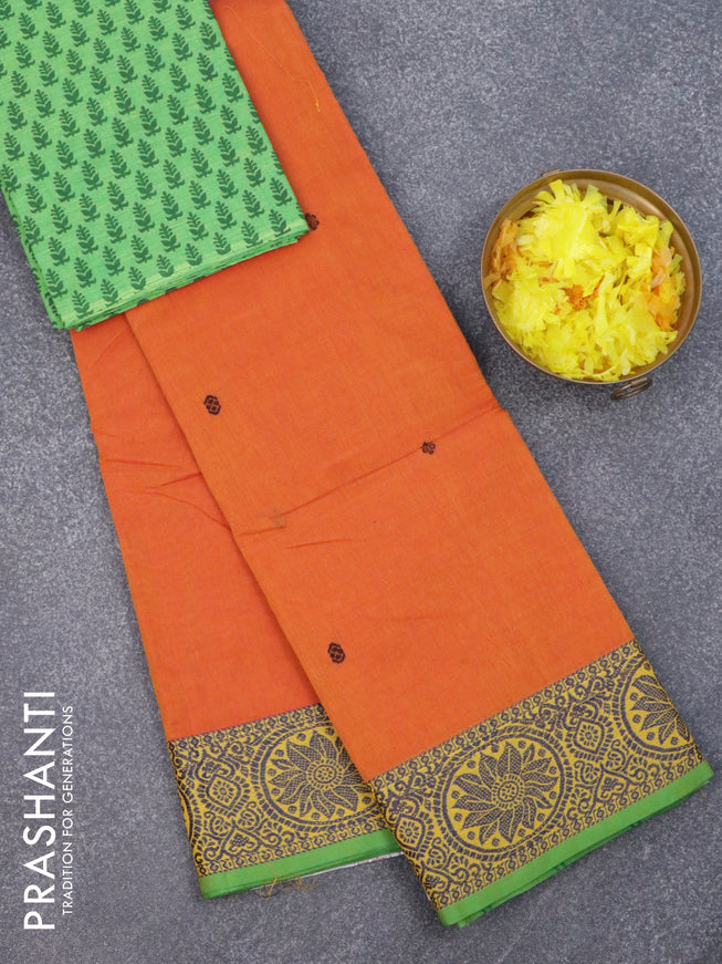 Chettinad cotton saree dual shade of orange and green with thread woven buttas and thread woven border & printed blouse