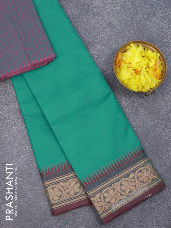 Chettinad cotton saree teal blue and maroon with plain body and temple design thread woven border & woven blouse