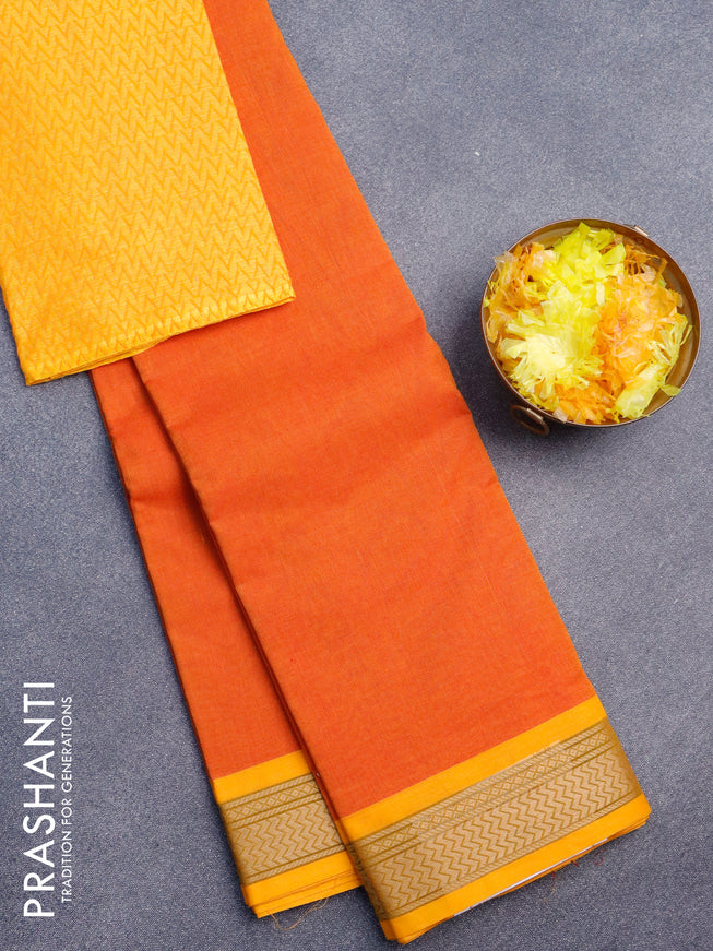 Chettinad cotton saree sunset orange and mango yellow with plain body and thread woven border & woven blouse