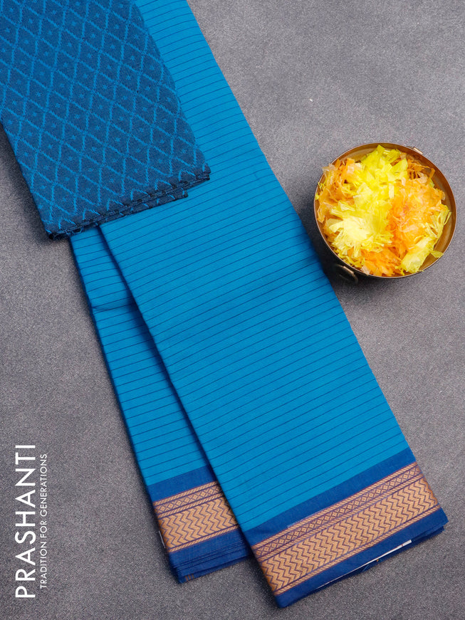 Chettinad cotton saree cs blue and blue with allover stripes pattern and thread woven border & woven blouse