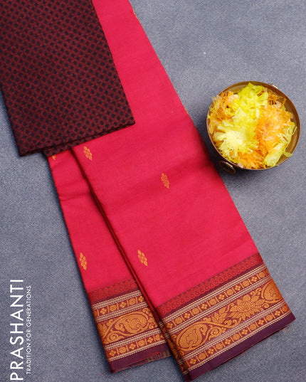 Chettinad cotton saree pink and maroon with thread woven buttas and thread woven border & woven blouse